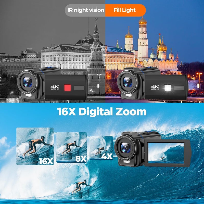 FIREFOTO Video Camera Camcorder 4K, 48MP Cam Corder with IR Night Vision, 16X Zoom Vlogging Video for YouTube, 3.0" 270° Rotation Touch Screen Podcast Camera with Battery/32GB SD Card/Remote Control - Image 3
